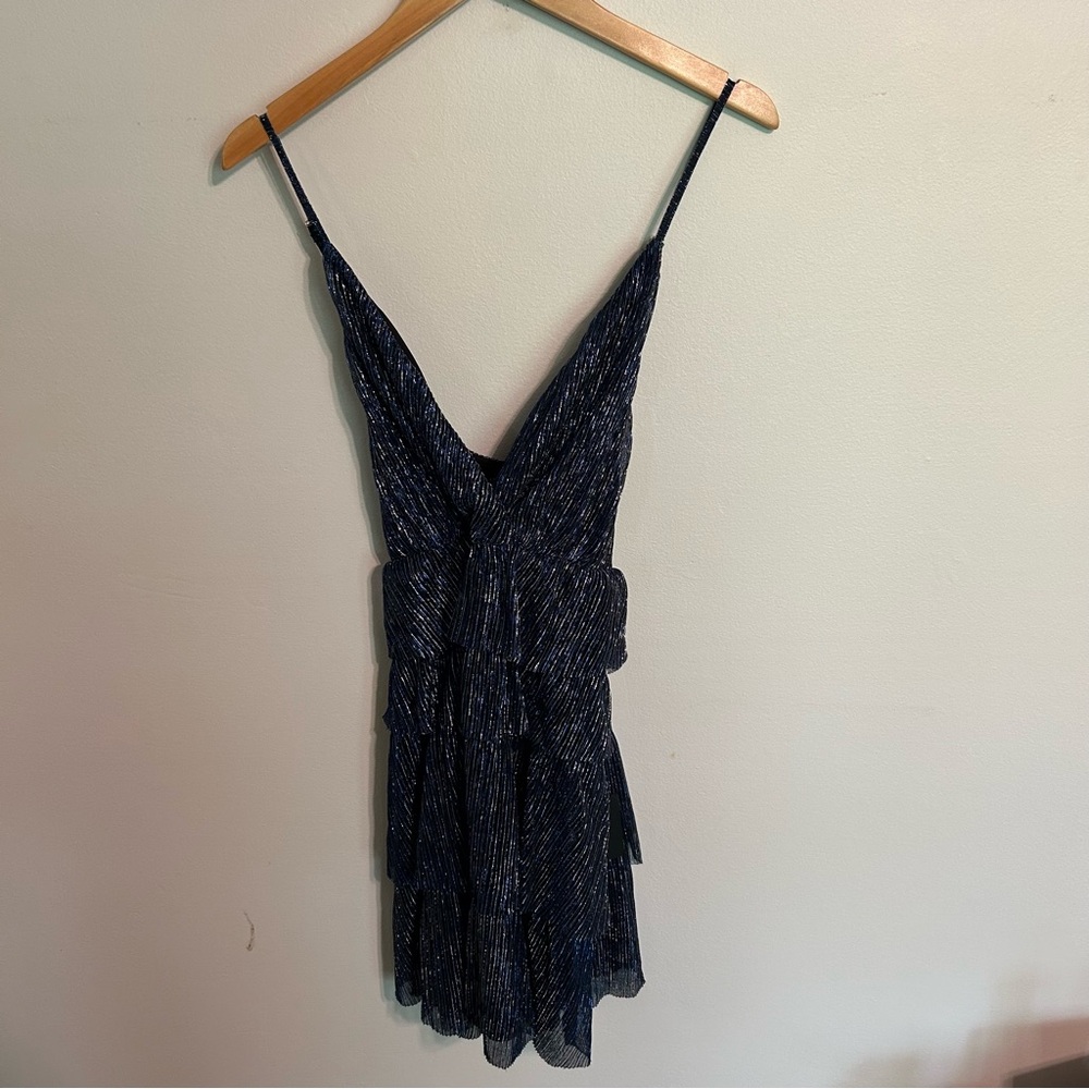 Lulus Glowing Gorgeous Blue Multi Metallic Tiered Mini Dress NEW - Picture 6 of 7